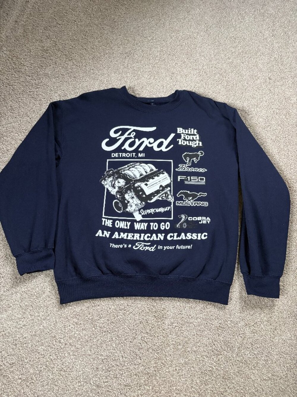 Ford Built Tough Graphic Sweatshirt M Navy Blue Cotton Crewneck Classic Design